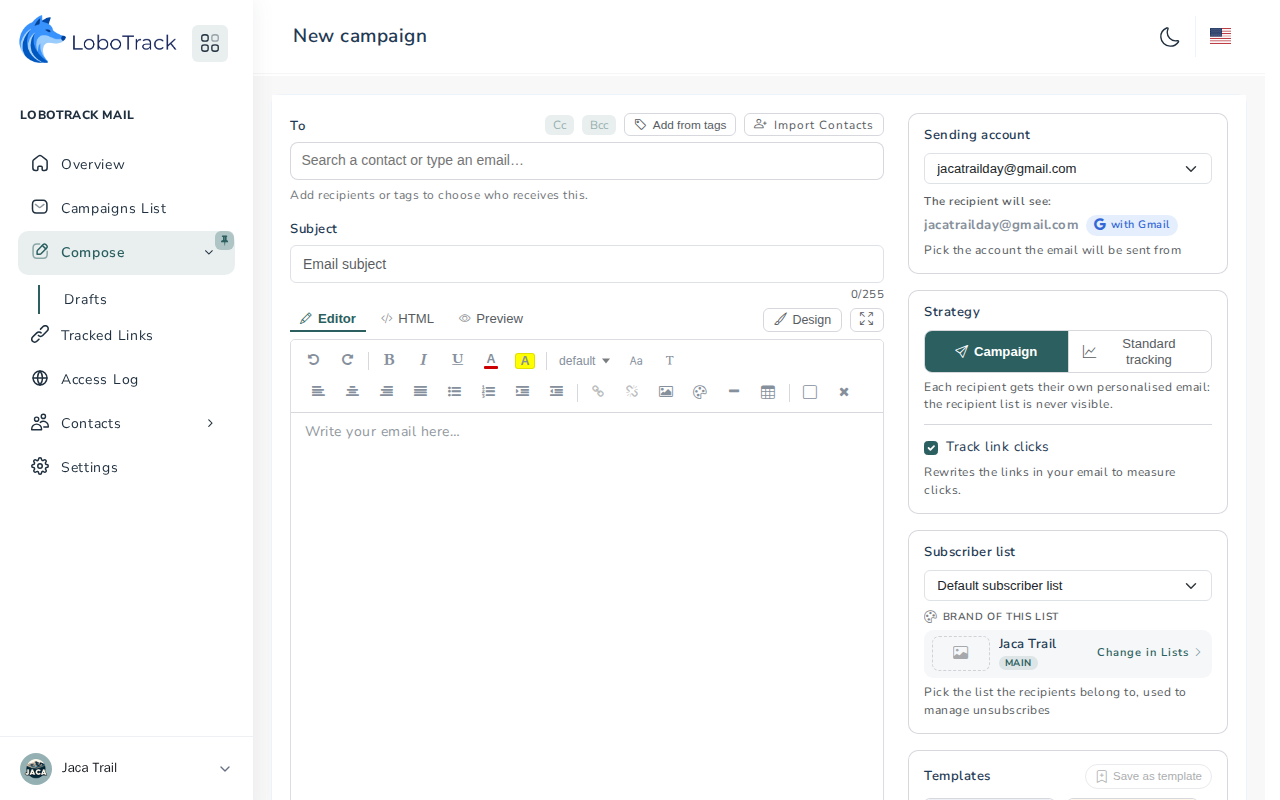 The compose screen of the LoboTrack panel