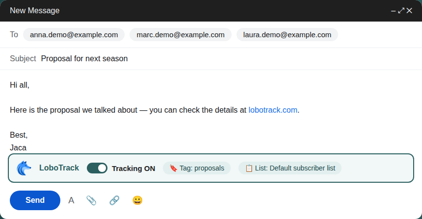 The LoboTrack bar in the Gmail compose window
