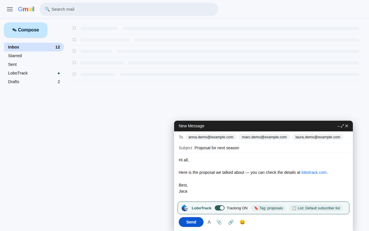 La barra de LoboTrack dentro de la ventana de redactar de Gmail